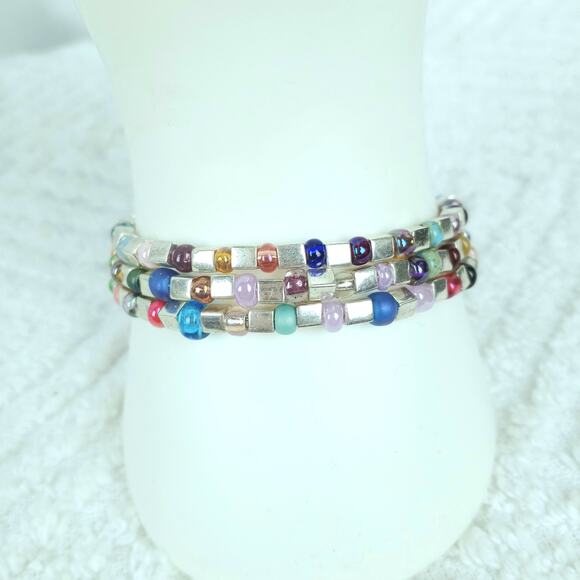 HANDMADE ~ Triple Wrap Memory Bracelet Silver Squares & Multi Colors - Picture 2 of 5